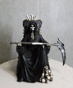 Grim Reaper Figurine, Death Skeleton Throne Statue 10.5" Tall Gothic Home Decor, Sitting Reaper Collectible, Halloween Accent, Desk or Shelf Ornament, Dark Fantasy Sculpture-5