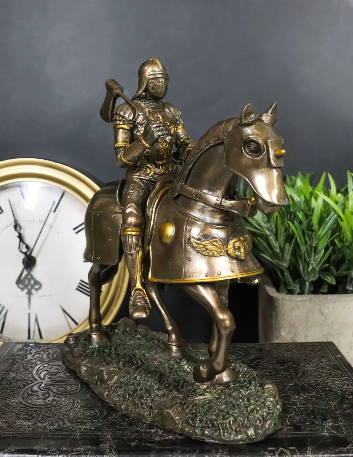 Medieval Suit Of Armor Knight With Large Shield And Axe On Horse Figurine-2
