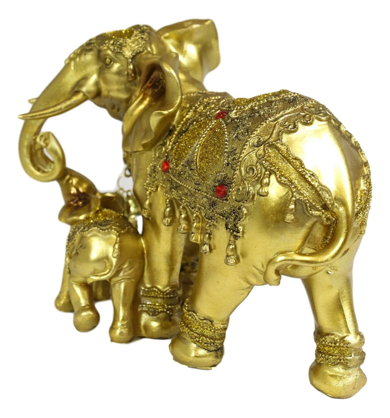 Estatua familiar de elefante dorado con cría, auspiciosa, según el Feng Shui y el budismo.-7