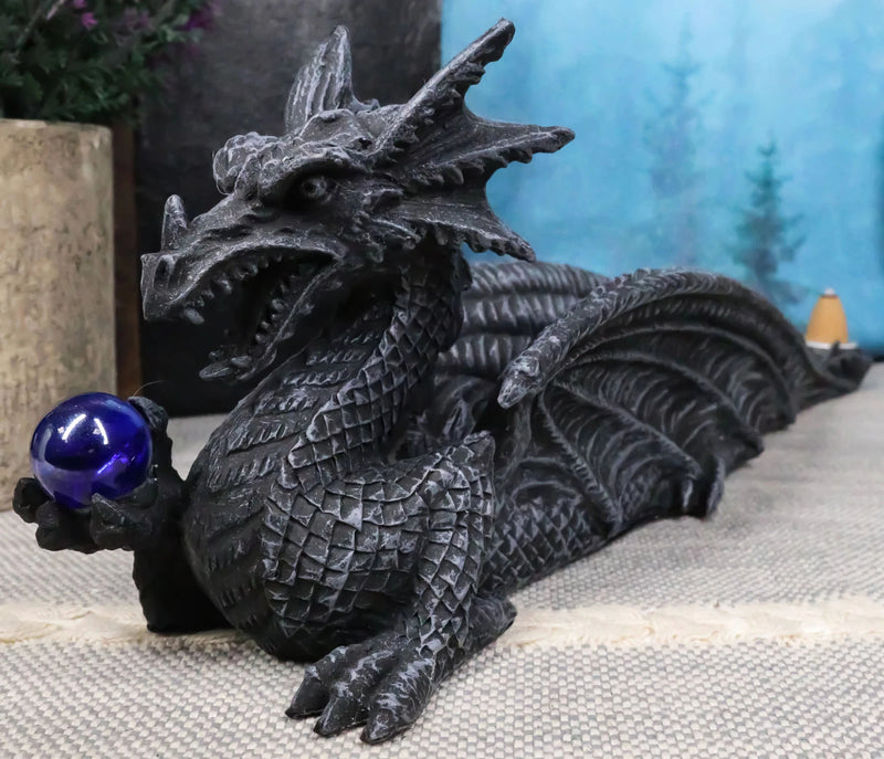Longwei Dragon Holding Blue Orb Incense Burner Sculpture Figurine in Faux Stone-1