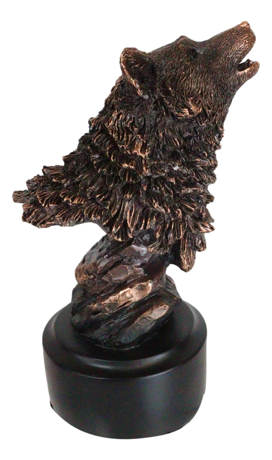 Busto de cabeza de lobo alfa aullando de Rustic Woodlands, figura de resina bronceada con base-9