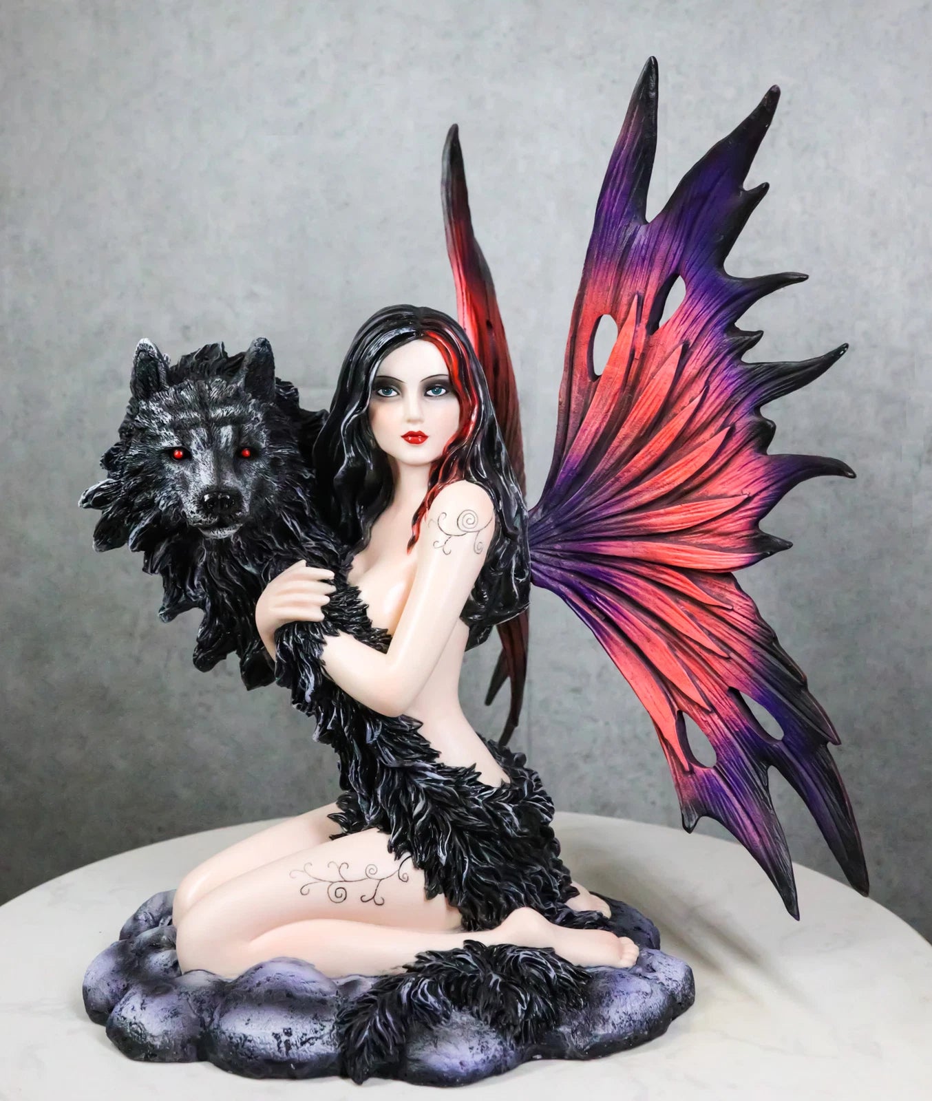 Large Gothic Fairy Goddess Artemis Holding Black Wolf Home Decor Figurine 13"H-1