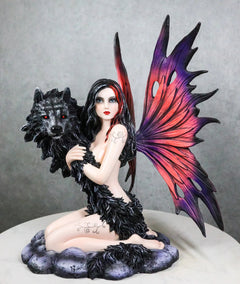 Large Gothic Fairy Goddess Artemis Holding Black Wolf Home Decor Figurine 13"H-1