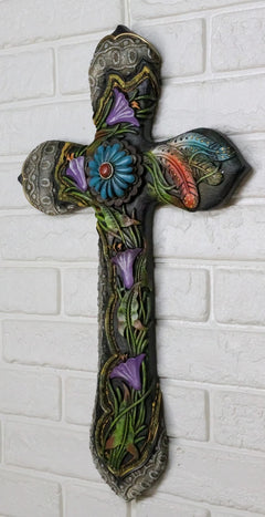 Colorful Floral Blooms And Vines With Southwestern Feathers Wall Cross Plaque-2