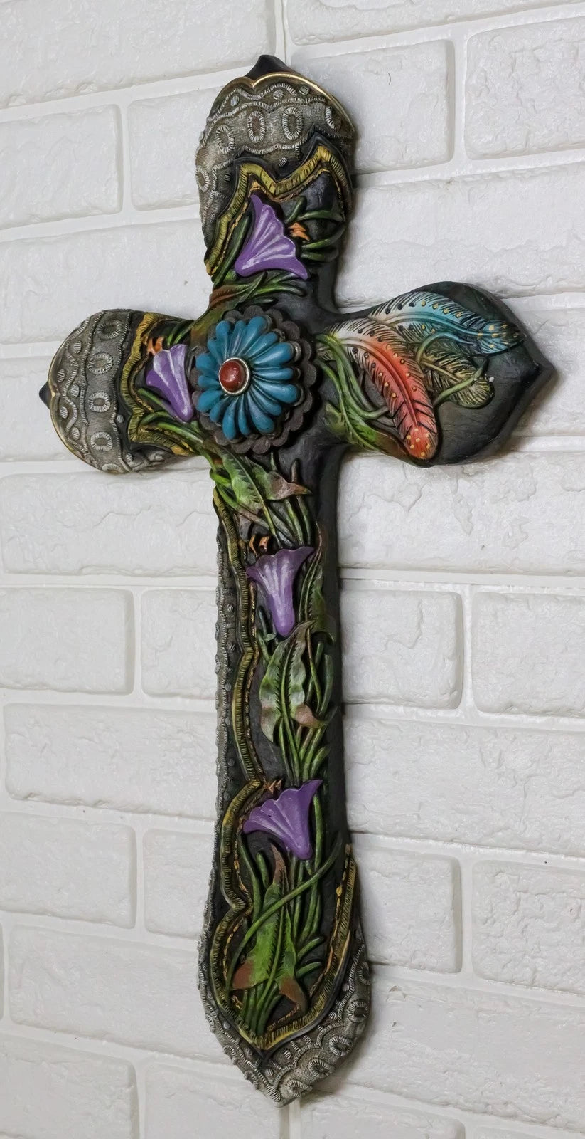 Colorful Floral Blooms And Vines With Southwestern Feathers Wall Cross Plaque