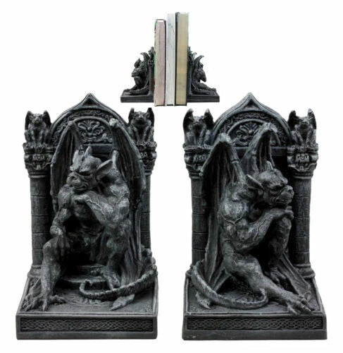 Medieval Age Gothic Sculptural The Thinker Gargoyle Bookends Figurine Set 6.25"H-1