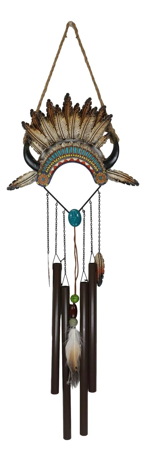 Southwest Boho Chic Indian Chief Headdress Feathers Turquoise Rocks Wind Chime-2