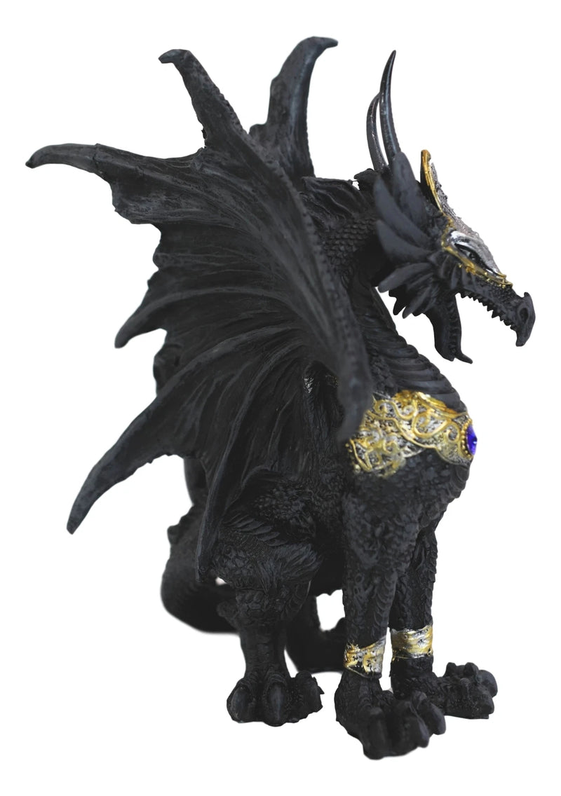 Blue Sapphire Golden Armored Combat Dragon Standing Guard In Faux Stone Statue-7