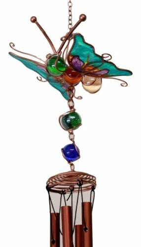 Stained Glass Flitting Butterfly Copper Metal Wind Chime 23"Long Outdoor Decor-10
