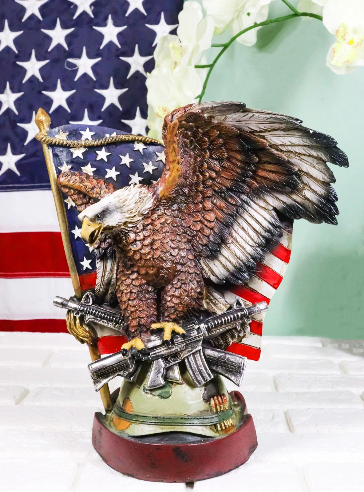 Bald Eagle With Crossed Rifles Soldier Helmet By Star Spangled US Flag Figurine