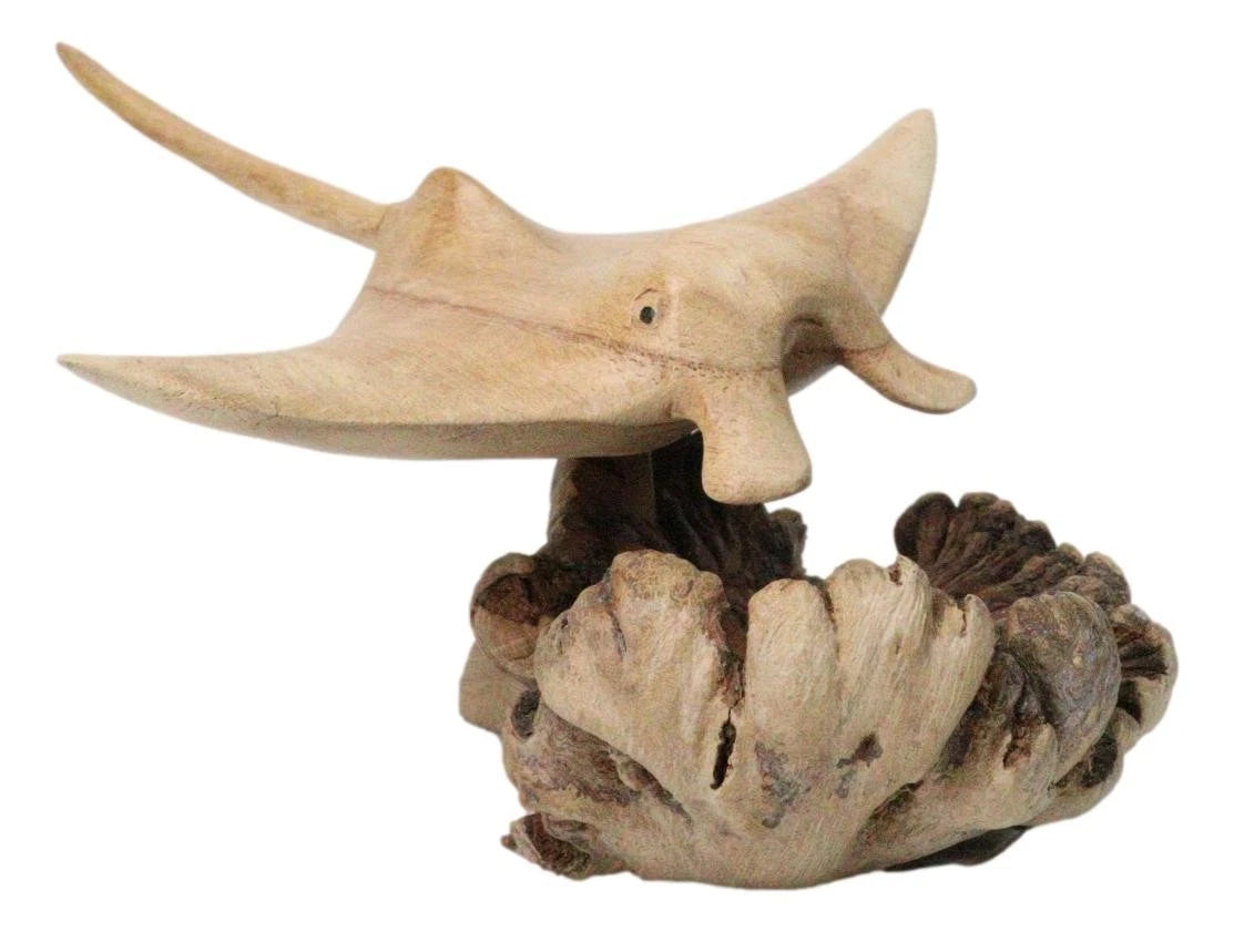 Marine Balinese Hand Carved Coral Reef Manta Ray On Burl Parasite Wood Base 8"L-7