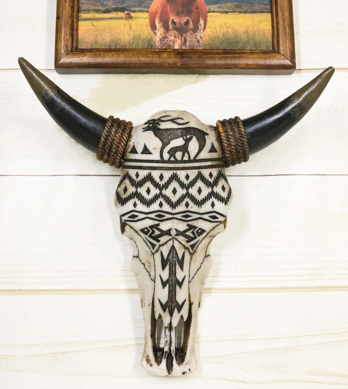 Tribal Tattoo Wildlife Deer and Fishes Abstract Cow Skull Wall Decor Plaque-1