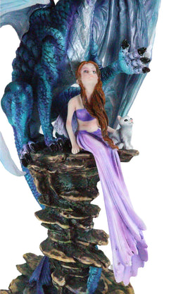 Giant Leviathan Blue Dragon Protecting A Young Princess Fairy With Kitten Statue-7