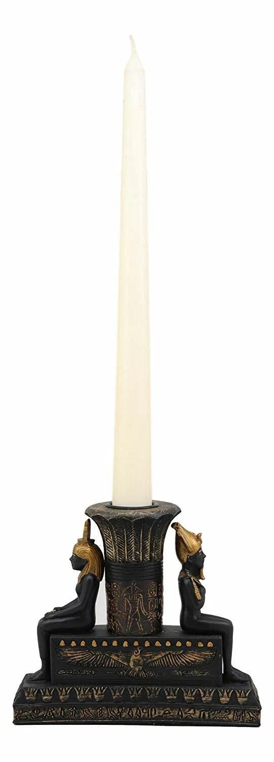 Ancient Egypt Black and Gold Seated Isis and Osiris Pillar Candle Holder-5