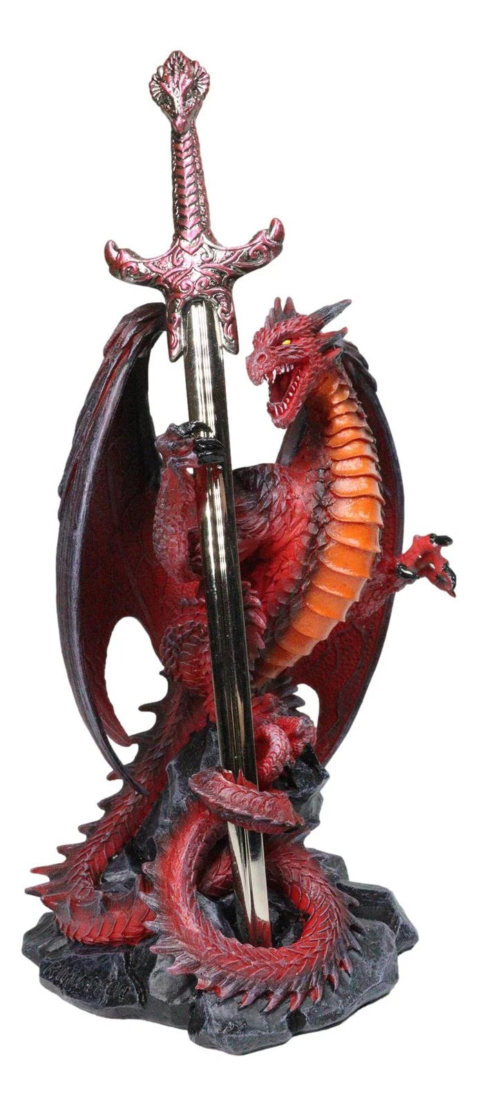 Figura de dragón de hoja viuda de roca volcánica de lava roja con espada abrecartas-7