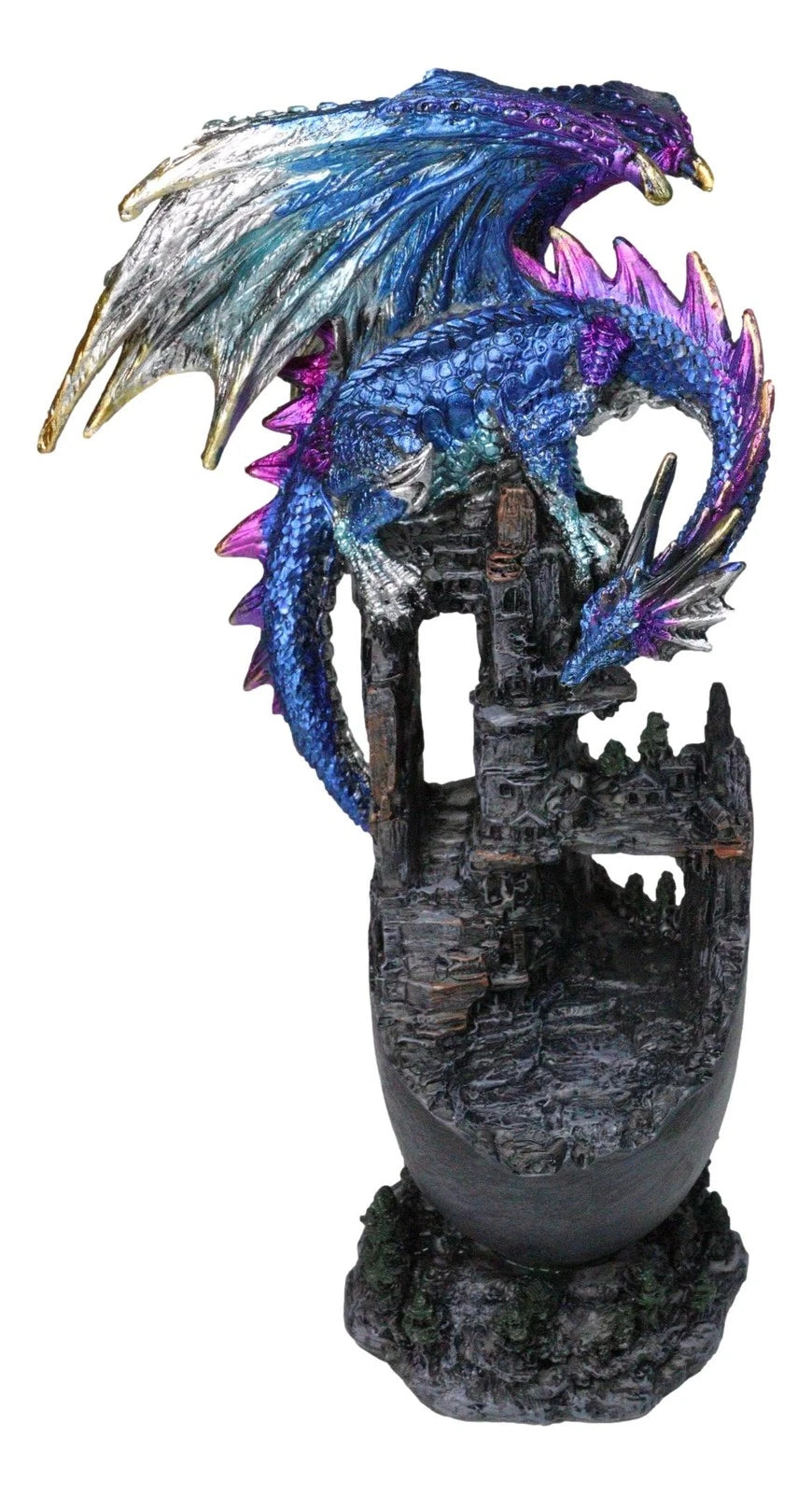 Medieval Blue Dragon Perching On Abandoned Castle Tower Ruins Figurine 12"H-9