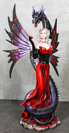 Fantasy Red Gowned Gothic Rose Fairy With Black Grendel Volcano Dragon Figurine-1