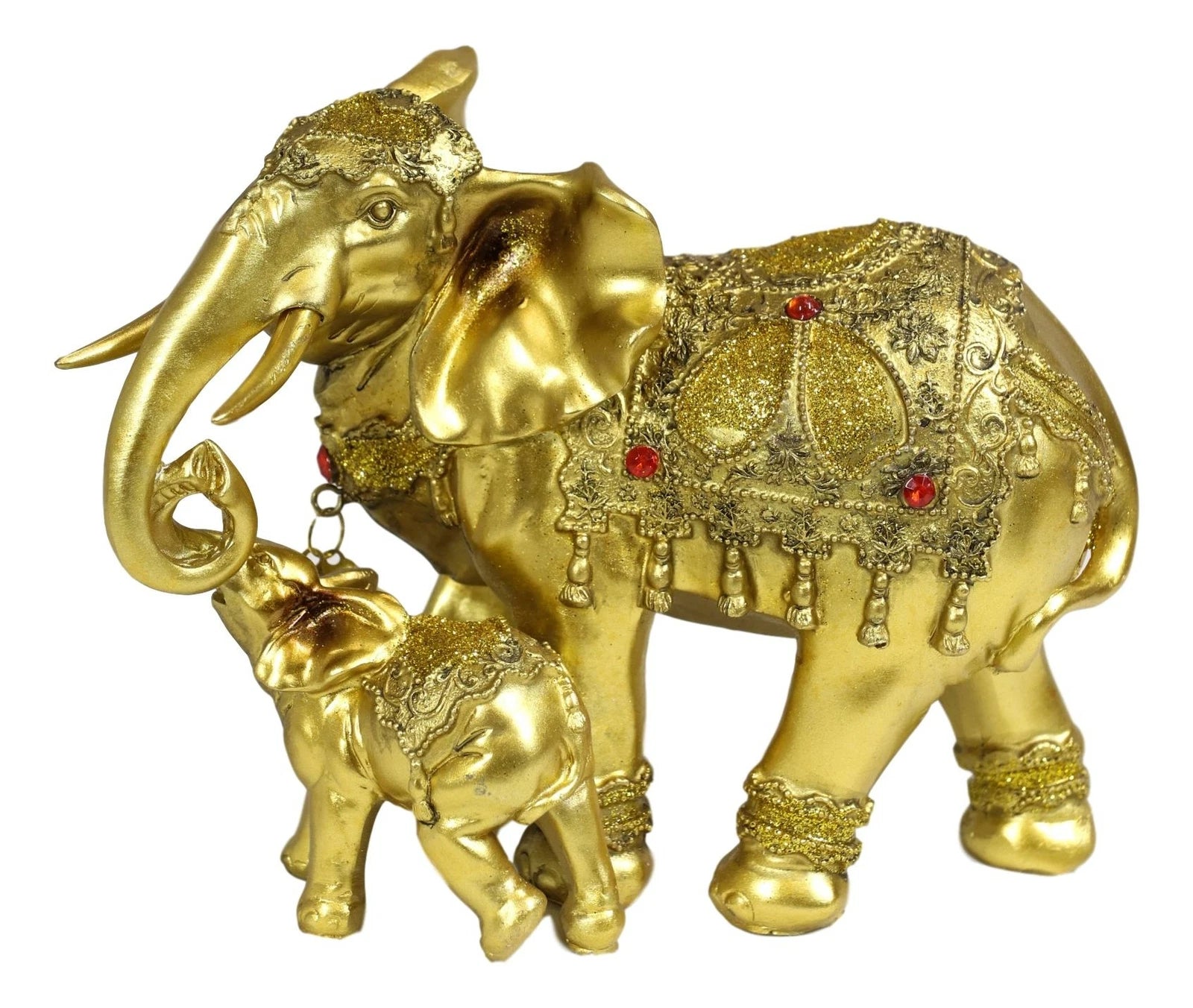 Estatua familiar de elefante dorado con cría, auspiciosa, según el Feng Shui y el budismo.-8