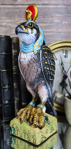 Egyptian Sky God Horus Falcon Bird With Pschent On Hieroglyphic Base Figurine-1