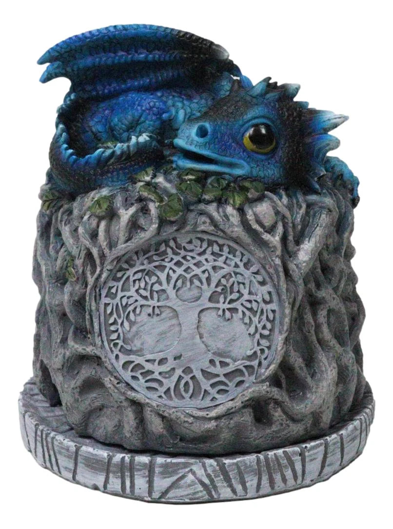 Blue Wyrmling Dragon Sleeping On Tree Of Life Stump Cone Incense Burner Figurine-7