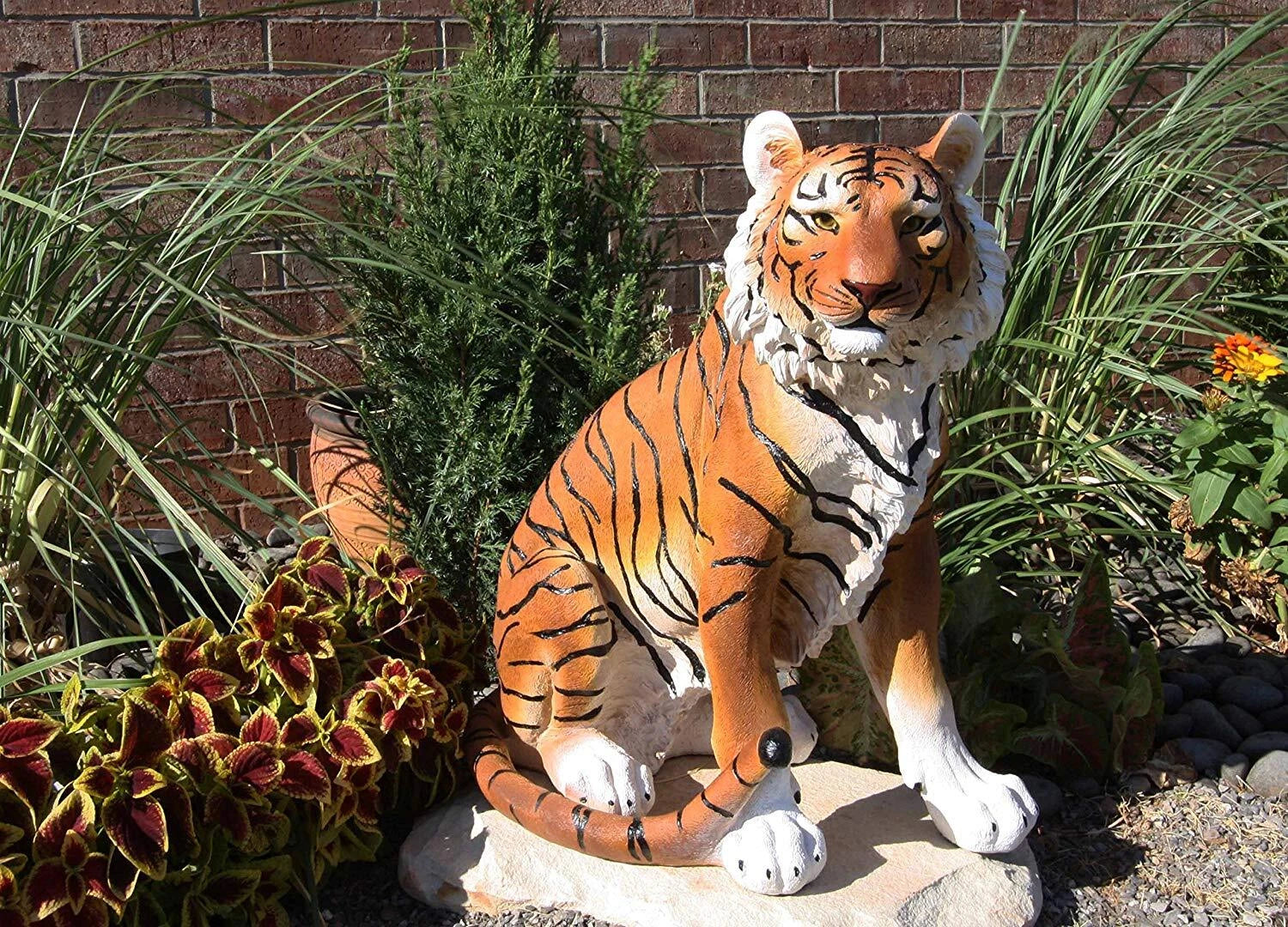 20"Tall Orange Bengal Tiger Raja Sitting On Guard Decorative Garden Statue-1