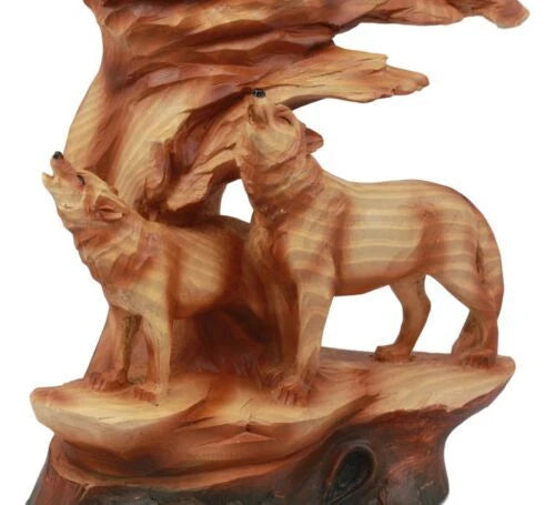 Estatua de madera sintética con tres lobos aullando, escena de vida silvestre rocosa, decoración de lobos de madera-3