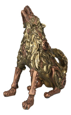 Steampunk Armor Geared Golden Robotic Alpha Wolf Howling At The Moon Statue-8