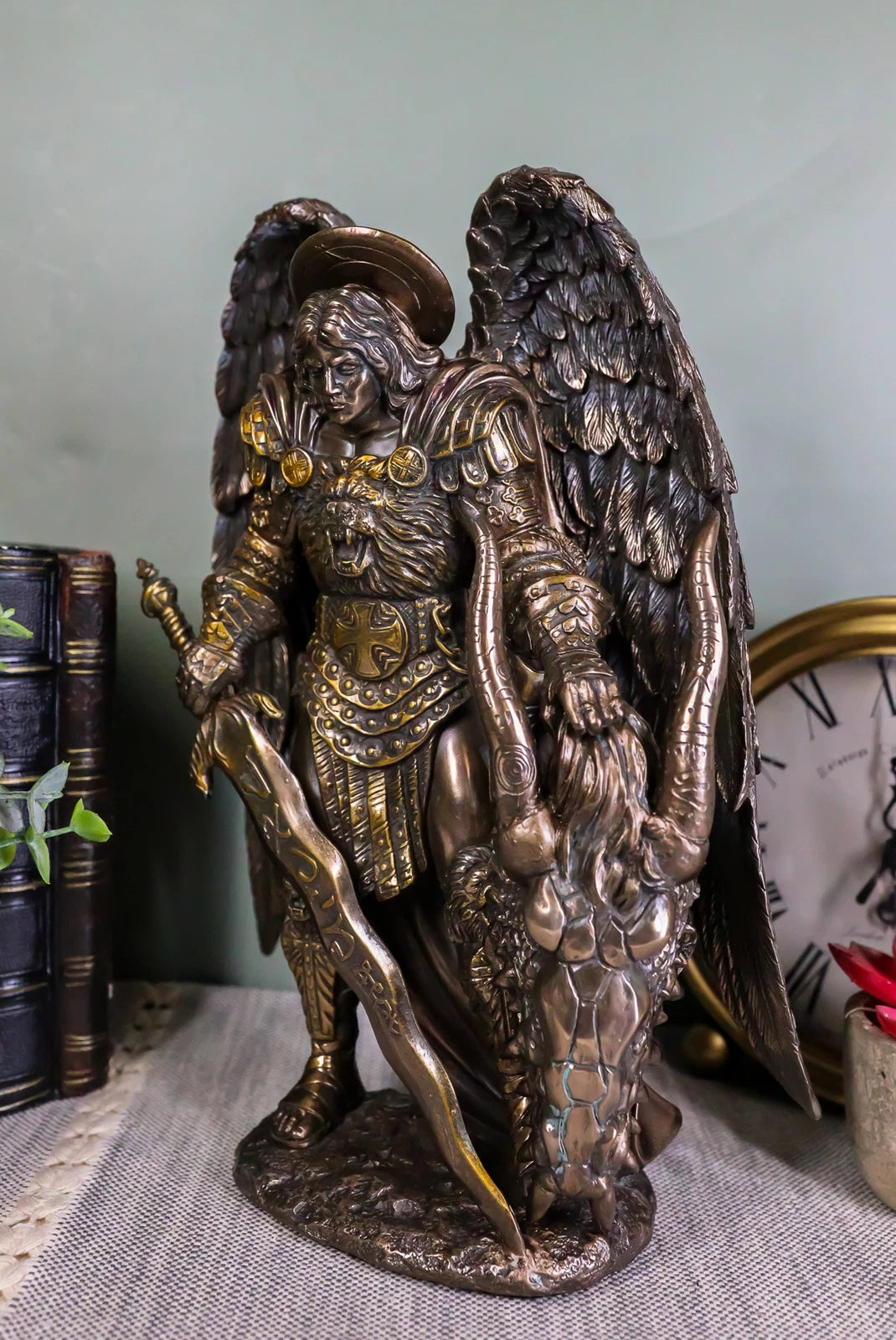 Saint Archangel Warrior Michael Holding Satan Dragon Head Figurine 10.75"H-7