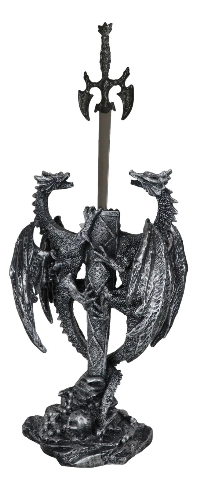 Figura abrecartas de fantasía gótica con dragón doble trepador y espada Excalibur-8