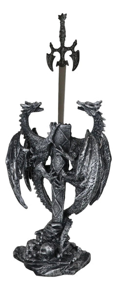 Figura abrecartas de fantasía gótica con dragón doble trepador y espada Excalibur-8