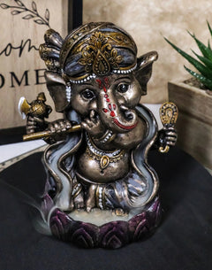Hindu God Ganapati Baby Ganesha Playing Flute On Lotus Backflow Incense Burner-2
