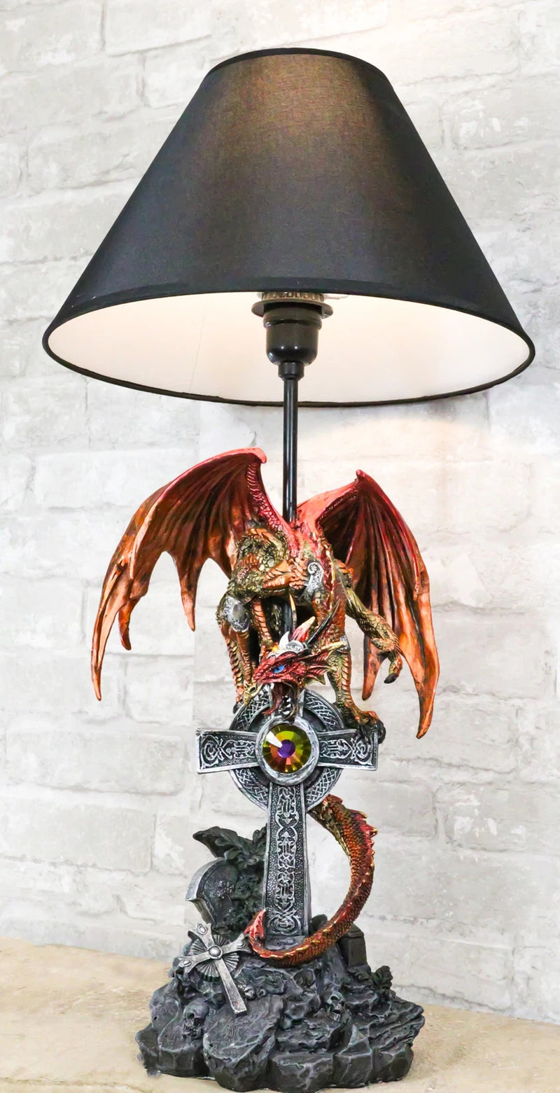 Red Gold Armored Dragon On Celtic Knotwork High Cross With Crystal Table Lamp-1