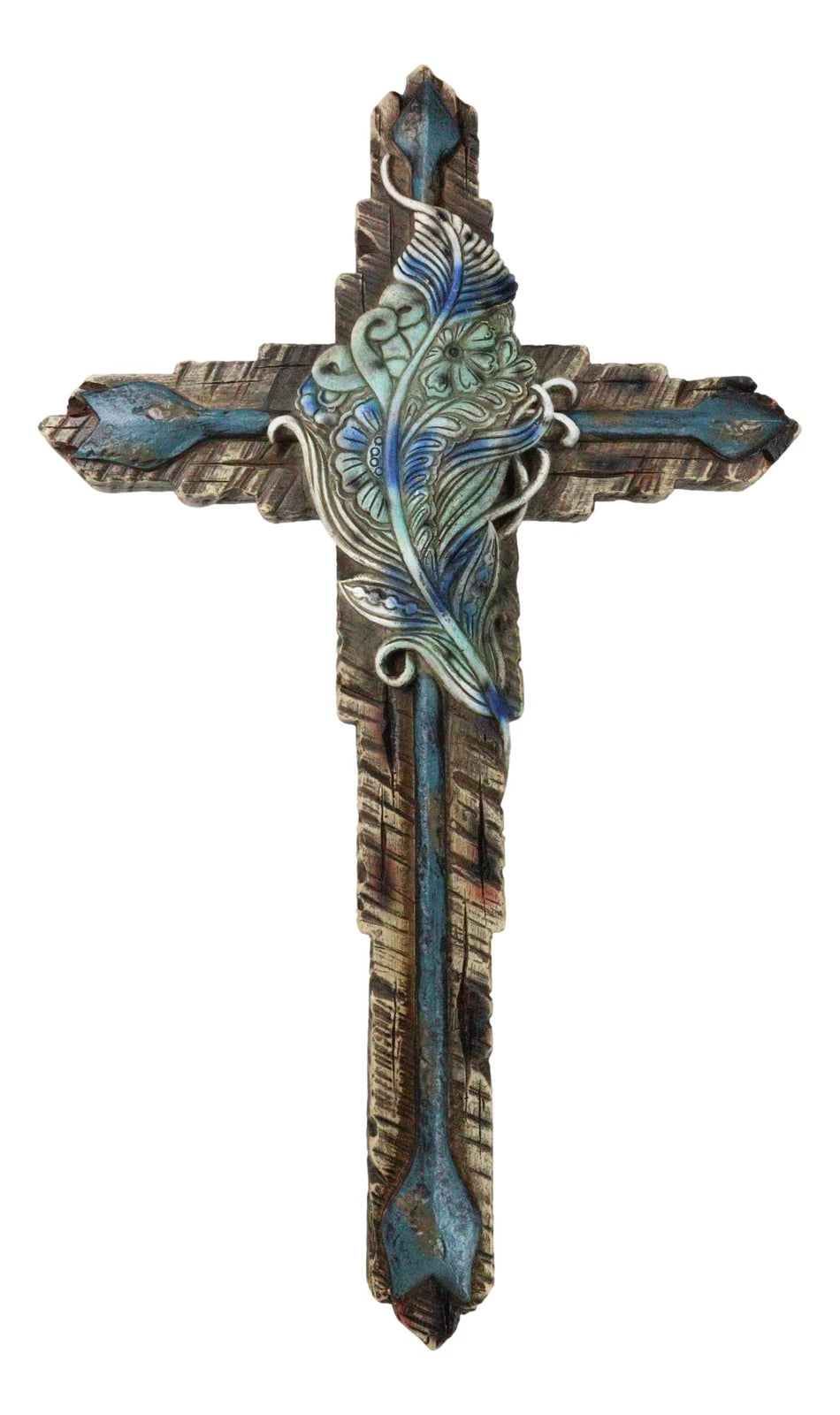 Southwestern Tribal Indian Feather And Turquoise Arrows Faux Wooden Wall Cross-7