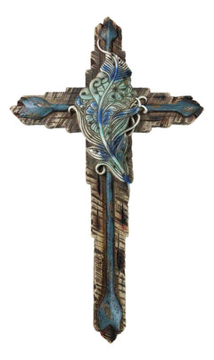 Southwestern Tribal Indian Feather And Turquoise Arrows Faux Wooden Wall Cross-7