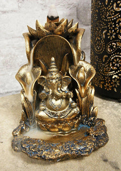 Golden Ganesha Seated On Lotus Backflow Cone Incense Burner Statue 5.25" H-5