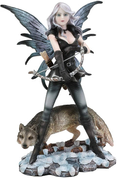 Fantasy Winter Snow Fairy Goddess Artemis Hunting With Gray Wolf Statue 10"H-6