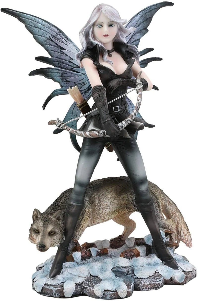 Fantasy Winter Snow Fairy Goddess Artemis Hunting With Gray Wolf Statue 10"H-6