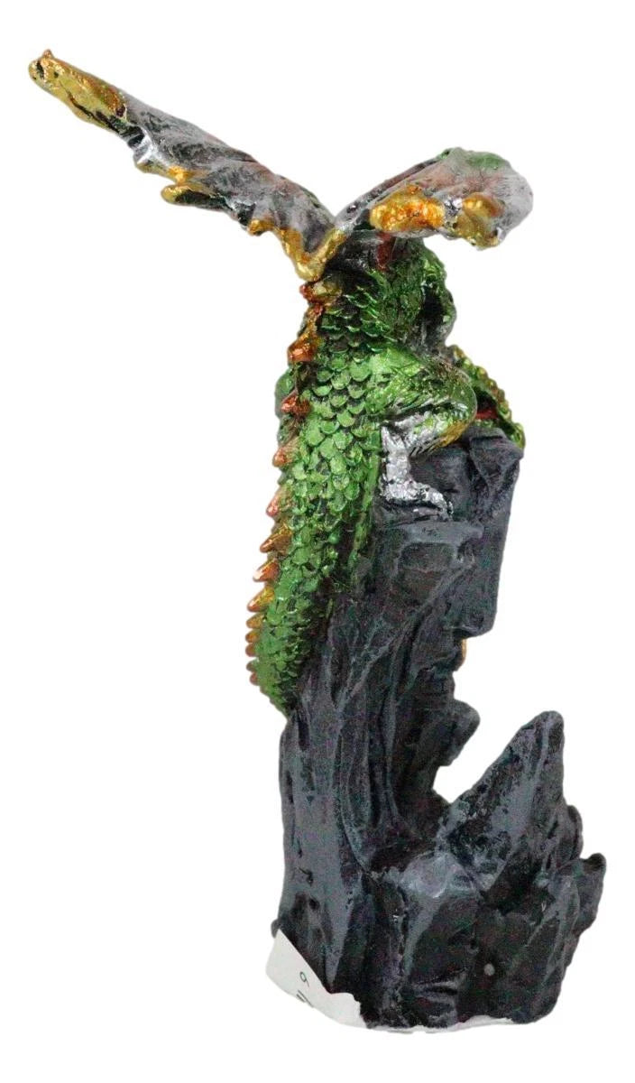 Metallic Golden Green Dragon Guarding Castle Tower On Mountain Cliff Figurine-9