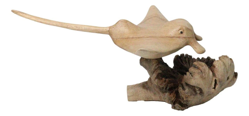 Marine Balinese Hand Carved Coral Reef Manta Ray On Burl Parasite Wood Base 8"L-8