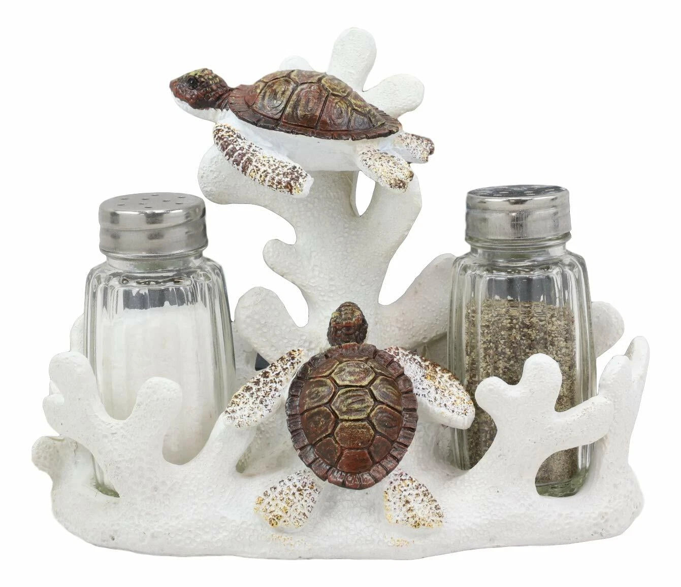 Nautical Coral Reef With 2 Sea Turtles Salt And Pepper Shakers Holder Set-6