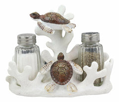 Nautical Coral Reef With 2 Sea Turtles Salt And Pepper Shakers Holder Set-6