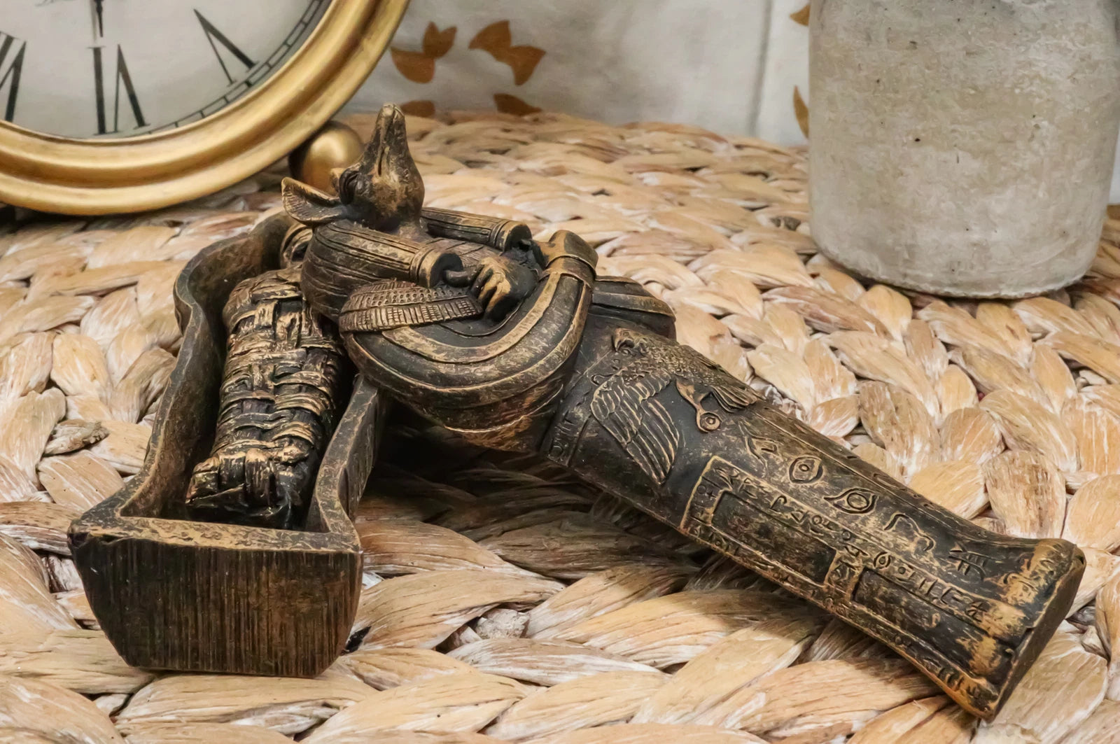 Egyptian Sarcophagus Box with Mummy Figurine 5.25" L-7