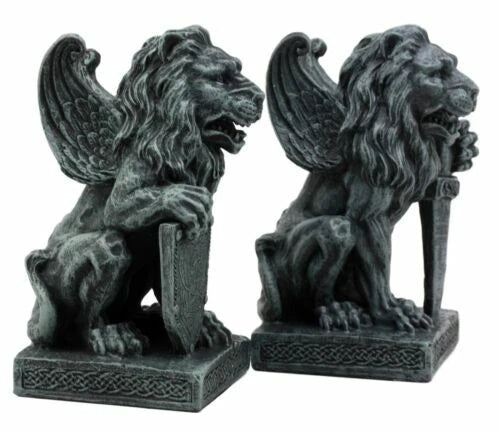 Stoic Notre Dame Roaring Lion Heart Sword & Shield Bearer Gargoyle Figurine Set-4