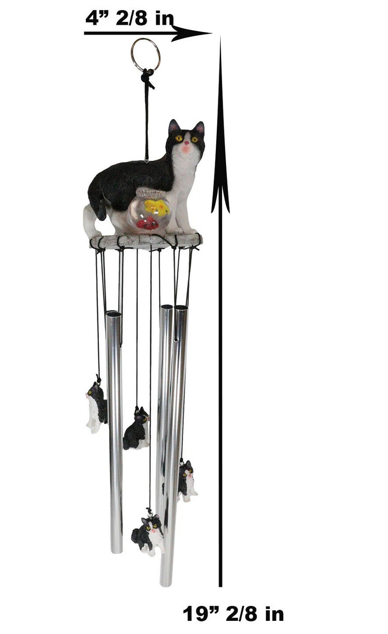 Tuxedo Black Kitty Cat with Fish Bowl Resonant Wind Chime 18.5"H Garden-7