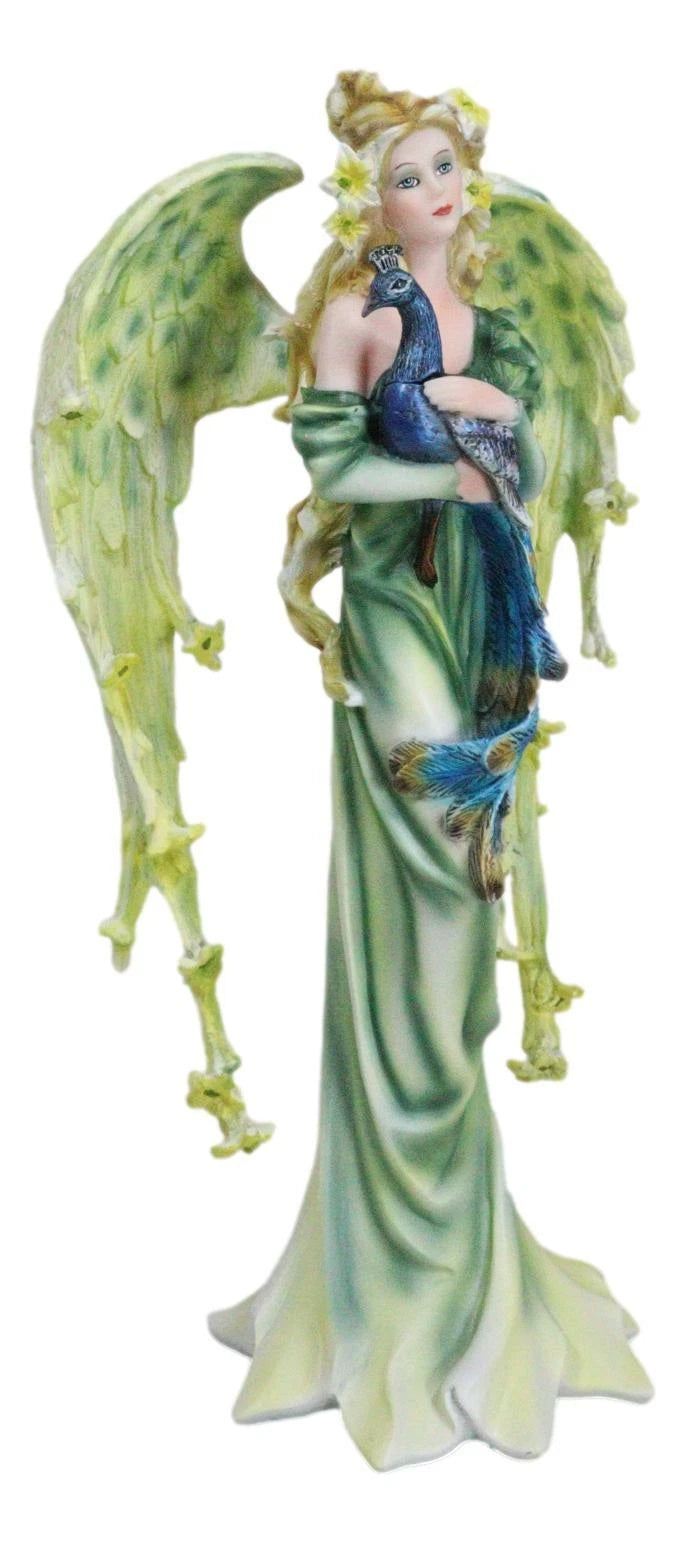 Beautiful Green Fairy With Colorful Flowers Carrying A Blue Peacock Figurine-7
