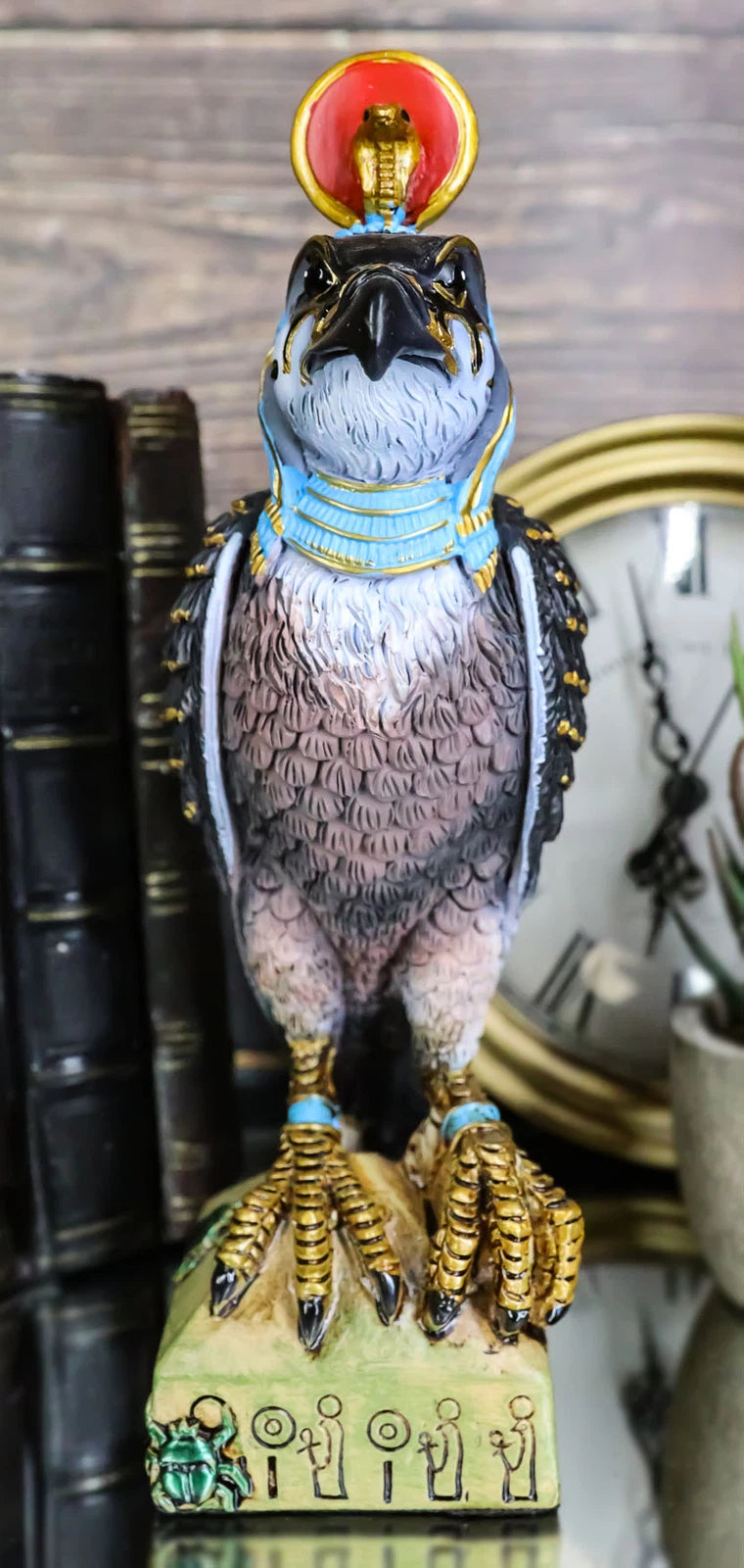 Egyptian Sky God Horus Falcon Bird With Pschent On Hieroglyphic Base Figurine-6