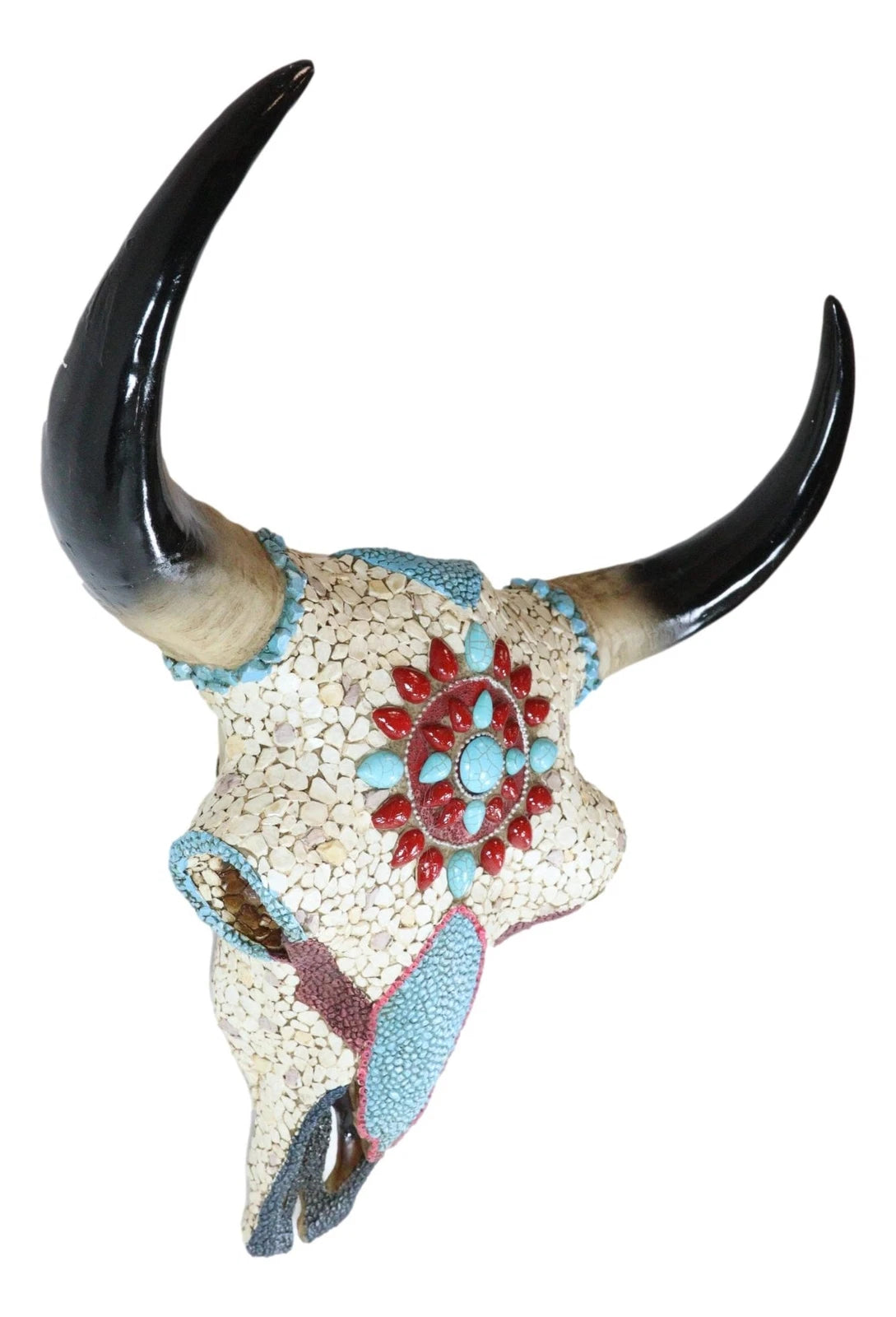 16.5"H Large Turquoise And Red Gems Mosaic Southwest Steer Cow Skull Wall Decor-5