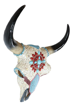 16.5"H Large Turquoise And Red Gems Mosaic Southwest Steer Cow Skull Wall Decor-5