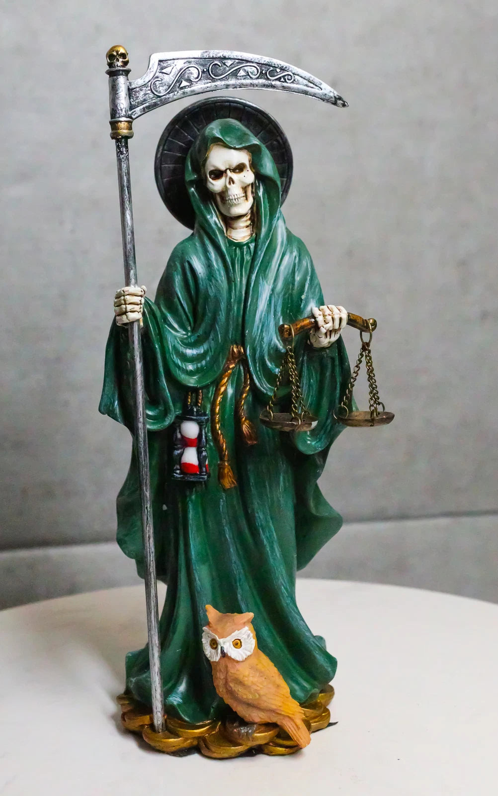 Standing Green Santa Muerte With Scythe Scales of Justice And Wise Owl Figurine-1