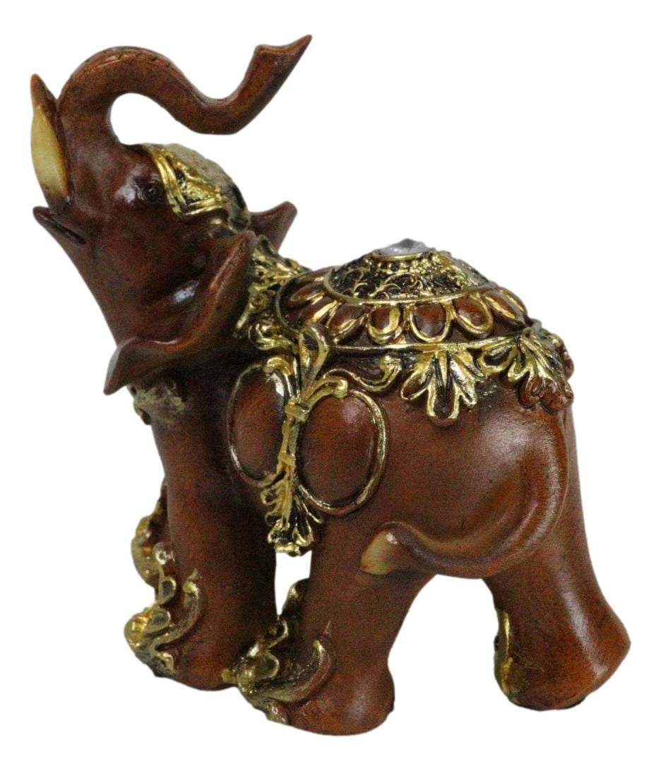 Feng Shui Faux Wood Left Facing Trunk Up Elephant With Golden Tapestry Figurine-8
